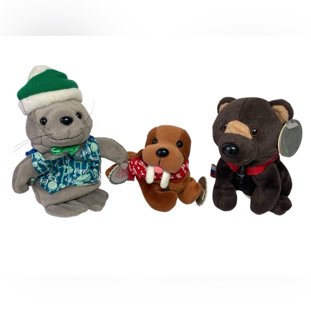 Lot - 3 VTG Coca Cola Plush Seal Walrus Barris Bear with Tags 1997 1999.